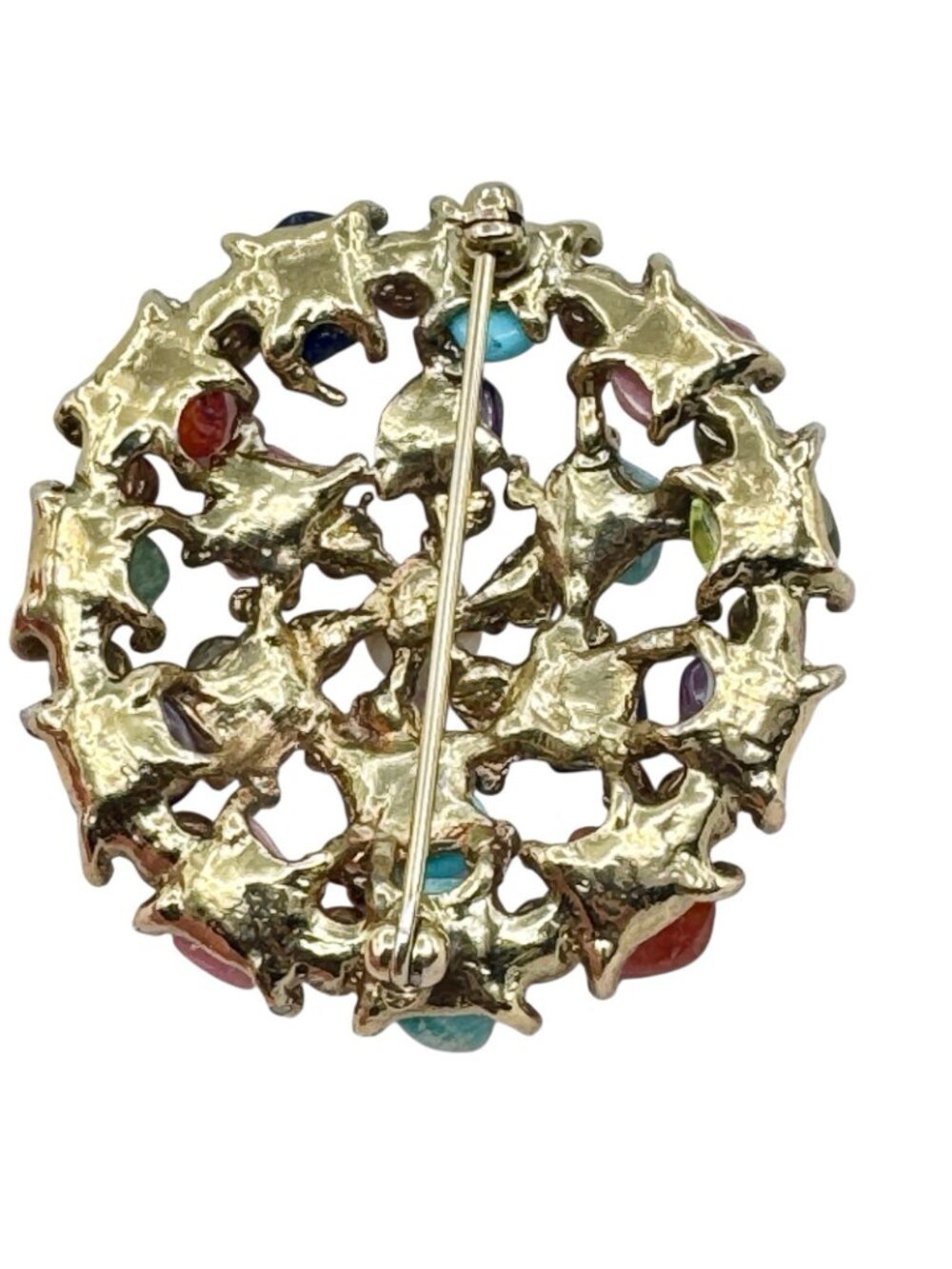Vintage Multicolor Gemstone Chip Cluster Brooch 70s BOHO Gold Tone Cast Setting - Picture 2 of 16